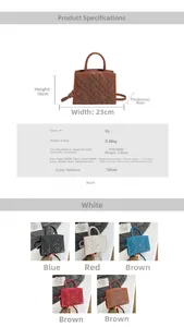 Detailed size guide and parameter chart for the embossed crown lady handbag in five colors