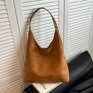 Minimalist brown suede tote bag with large capacity and vintage shoulder strap design