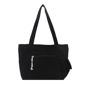 Large capacity black corduroy tote bag with zipper pocket and shoulder straps