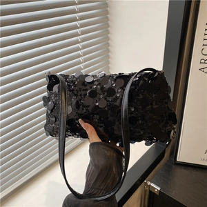 Sparkly black sequin shoulder bag with chain strap for women 2025 trendy fashion style