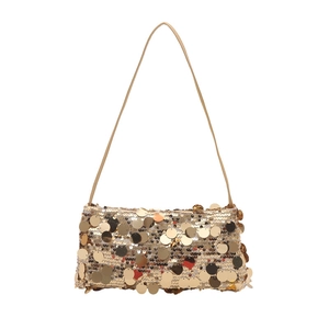 Golden sequined rectangular shoulder bag with shimmering metallic finish and slim strap