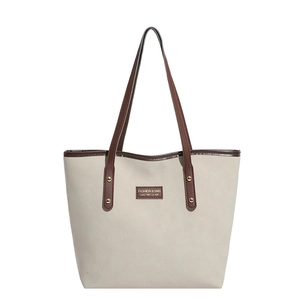 Large capacity vintage tote bag in cream and brown contrast with golden rivets
