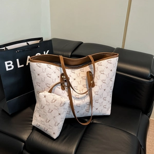Large capacity printed tote bag set with swan patterns and brown shoulder straps