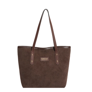 Large capacity dark brown suede tote bag with leather handles and gold rivet accents