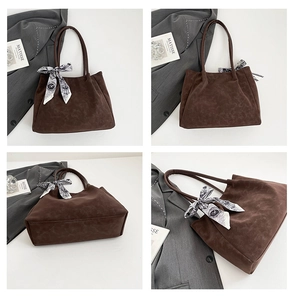 Detailed views of dark brown matte tote bag with silk scarf and artistic props