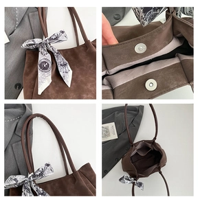 Detail view of dark brown tote bag with silk scarf, magnetic closure and spacious interior