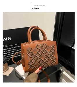 Detail of a brown crossbody bag with woven texture and floral patterns in urban style