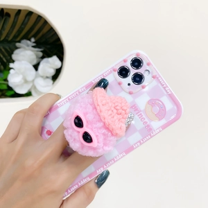 Pink checkered iPhone case with 3D cute cartoon plush doll wearing sunglasses