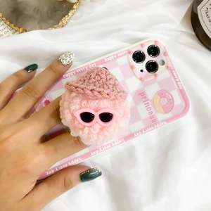Pink checkered phone case with a cute plush ragdoll cat grip wearing sunglasses