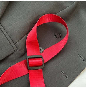 Macro shot of charcoal fabric with vibrant red nylon strap and black plastic buckle detail