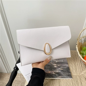 Minimalist white cross-grain leather envelope clutch with a gold oval metal buckle