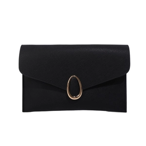 Elegant black cross-pattern leather envelope clutch with a gold oval metal clasp buckle