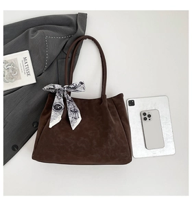 Brown faux suede tote bag with decorative printed silk scarf and urban minimalist design