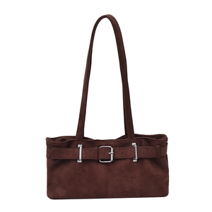 Vintage dark brown suede underarm bag with silver buckle and minimalist shoulder straps