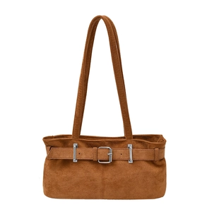 Sac à épaule vintage en daim marron avec boucle décorative et grande contenance