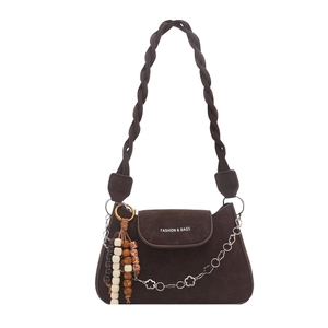 Brown frosted crossbody square bag with braided handle and wooden beads decoration