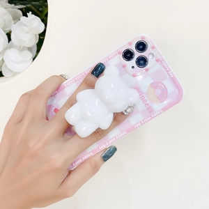 Pink checkered bear phone grip and stand for smartphone with happy every day text