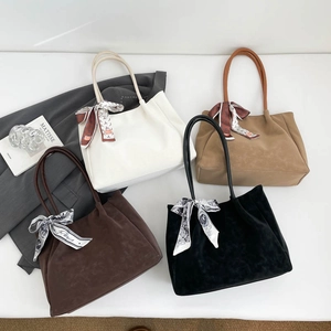 Women Large Capacity PU Leather Tote Bag Minimalist Shoulder Bag With Silk Scarf Decor Stylish Solid Color Commute Bag