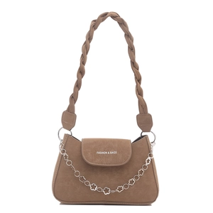 Brown woven handle shoulder bag with silver floral chain and fashion logo print