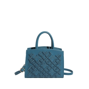 Peacock blue embroidered handbag with elegant lattice pattern and gold hardware strap