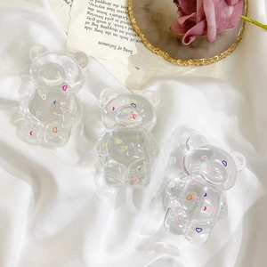 Three-piece set of transparent cartoon bear phone grips with colorful hollow hearts