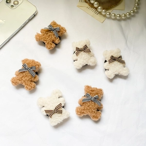Plush teddy bear phone socket grips with checkered bows in brown and white 6pcs set