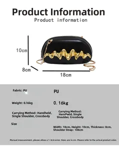 Detail view of semi-circular evening bag with golden wavy metal trim and chain strap