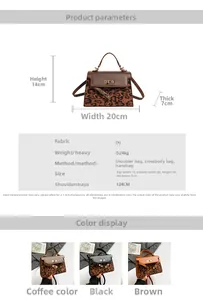 Size chart and dimensions for leopard print handbag in brown, black and coffee