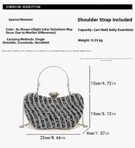 Detailed view of rhinestone evening bag with dimensions 22x13cm and metal ring handle
