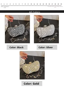 Detailed size comparison of sparkling rhinestone clutch bags in black, gold, and silver