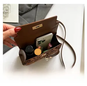 Interior view of leopard print Kelly bag showing capacity for phone and perfume