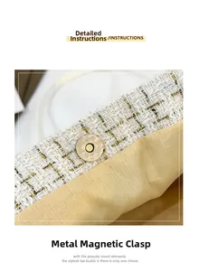 Makroaufnahme des hochwertigen hellgoldenen Magnetverschlusses an der weißen Tweed-Tasche