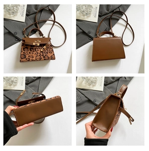 Detailed views of leopard print handbag with golden turn-lock and leather base details