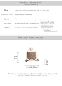 Detailed specs of brown mini bucket bag with pearl handle and PU leather texture