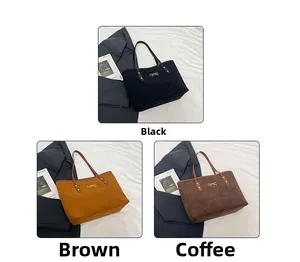 Corduroy tote bags in black, brown, and coffee colors with golden bow detail