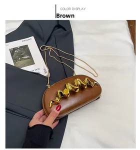 Detailed shot of brown oval box bag featuring gold wave metal trim and fine chain strap
