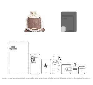Detailed capacity guide for brown pearl bucket bag showing fits for 6.7 inch phone