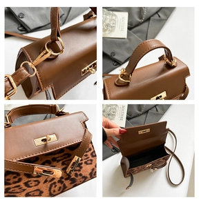 Detailed multi-angle view of leopard print Kelly style bag with gold lock and strap