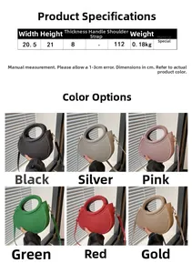 Size chart for textured half-moon handbag showing dimensions and colors for 2025 winter style