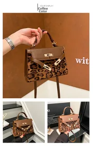 Detail of coffee brown leopard print handbag with leather flap and gold clasp hardware