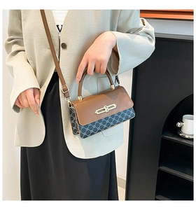Detail of crossbody bag showing gold metal clasp and brown leather top flap