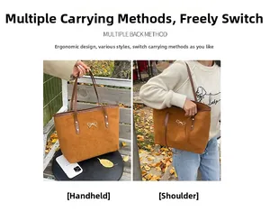 Detailed views of caramel suede tote bag showing both hand-carry and shoulder-wear styles