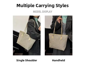 Detail showing versatile carrying modes of the beige patterned tote as shoulder and handbag