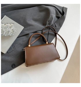 Close-up of brown glossy leather crossbody bag with gold hardware and top handle
