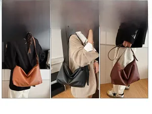 Detailed views of minimalist hobo bags in black, tan and brown with adjustable straps
