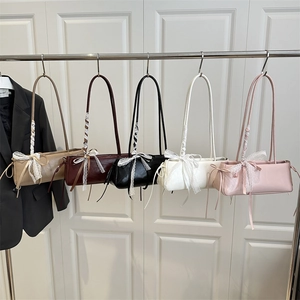 PU Leather Baguette Underarm Bag For Women With White Lace Bowknot Ribbon Decoration Dual Thin Straps Sweet Elegant