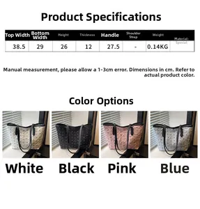 Detailed size chart and four-color comparison of the textured floral print tote bag