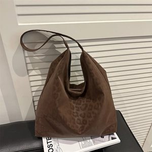 Brown leopard print suede tote bag with minimalist large capacity hobo design