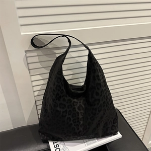 Chic black leopard print tote bag in soft velvet, large capacity hobo style handbag