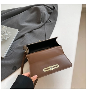 Detailed close-up of brown leather crossbody bag with elegant gold metal lock and hardware